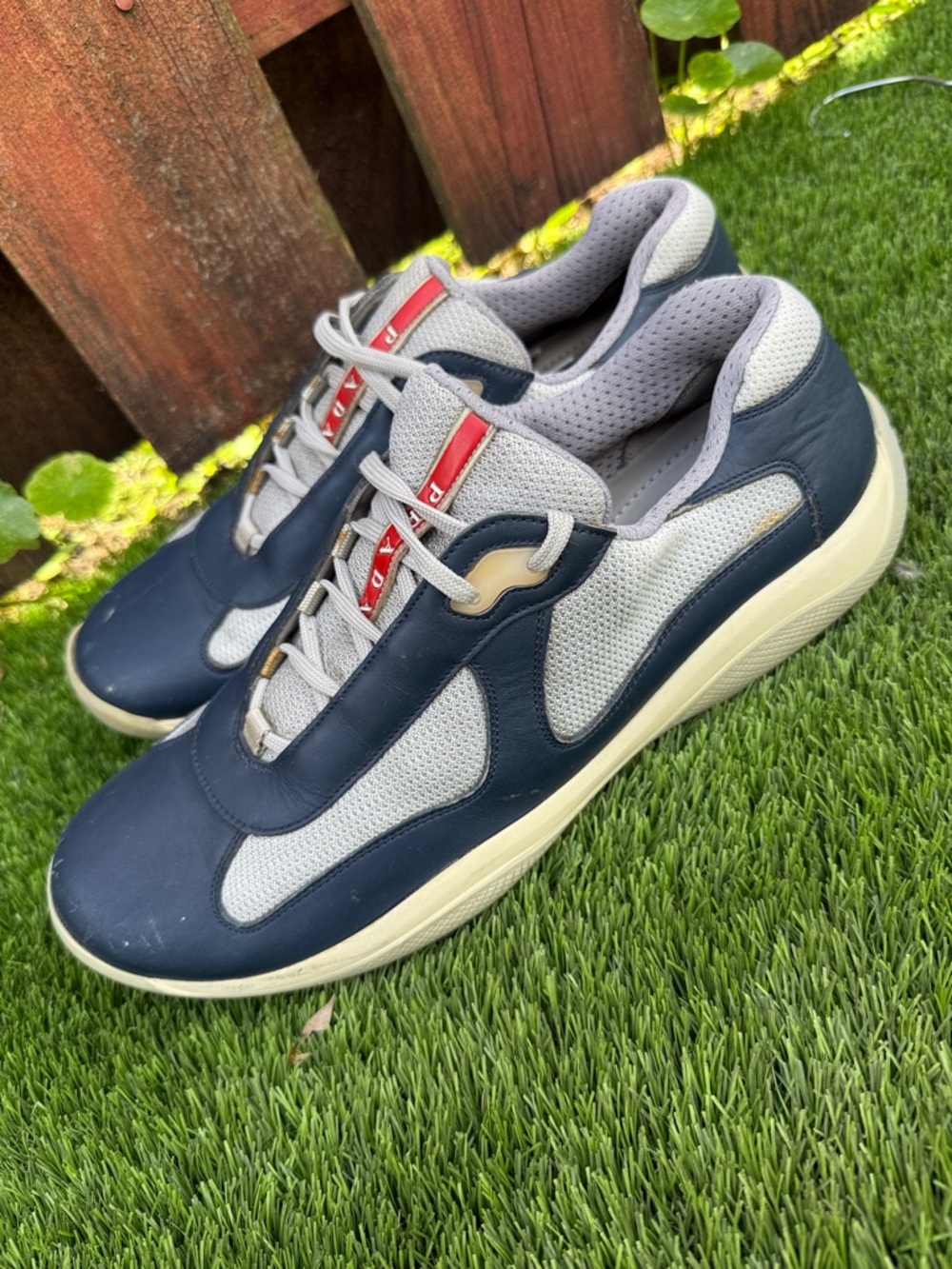 Prada Navy, Gray and Cream Men’s Leather Mesh Sneakers with Red Logo Stripe - Picture 3 of 8